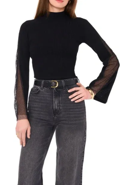 Vince Camuto Rhinestone Rib Mock Neck Knit Top In Rich Black