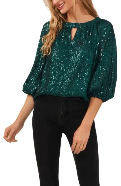 Vince Camuto Sequin Keyhole Neck Blouse In Dark Green