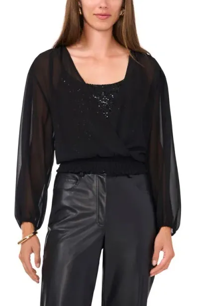 Vince Camuto Sequin Surplice Long Sleeve Top In Rich Black