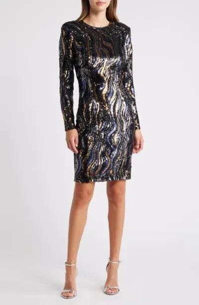 Vince Camuto Sequin Swirl Long Sleeve Cocktail Dress In Navy Gold