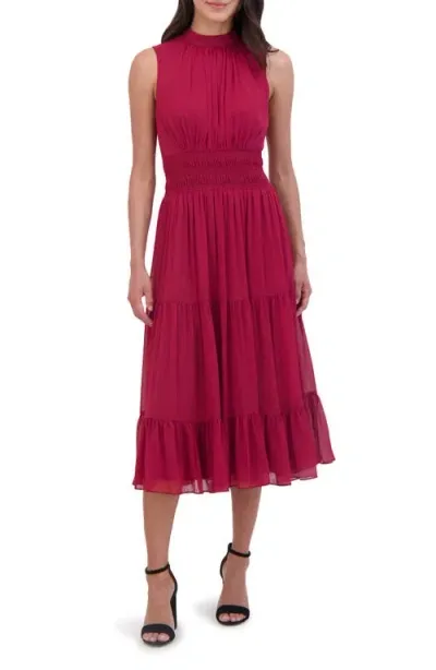 Vince Camuto Shirred Waist Sleeveless Tiered Midi Dress In Wine