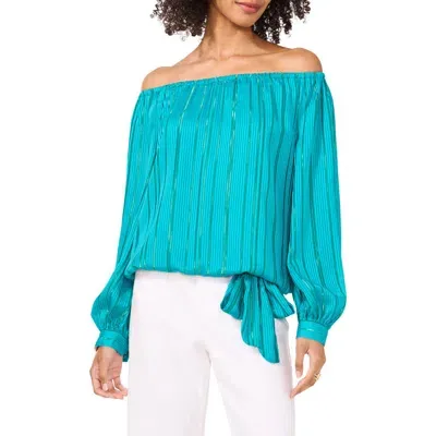 Vince Camuto Stripe Off The Shoulder Tie Hem Top In Cool Lapis