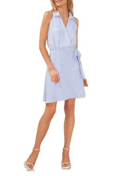 Vince Camuto Stripe Wrap Front Sleeveless Shirtdress In Airy Blue