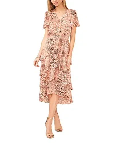 Vince Camuto Women's Animal-print Flutter Sleeve Tiered Midi Dress In Natural Tan