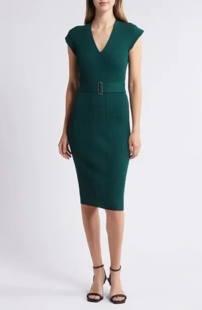 Vince Camuto V-neck Body-con Belted Rib Sweater Dress In Hunter