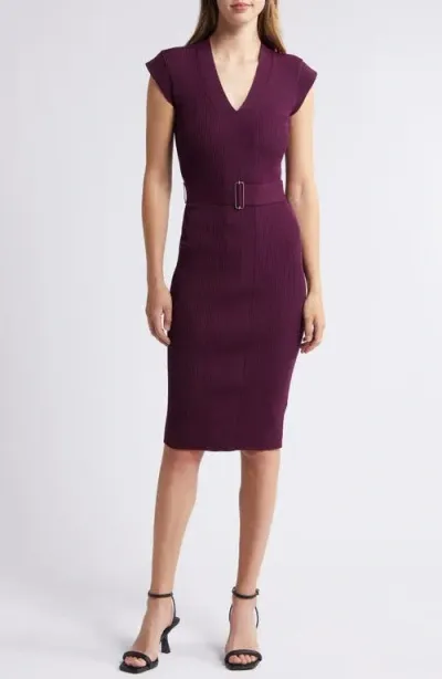 Vince Camuto V-neck Body-con Belted Rib Sweater Dress In Wine