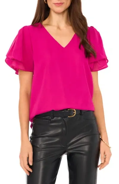 Vince Camuto V-neck Tulip Sleeve Chiffon Top In Berry Pink