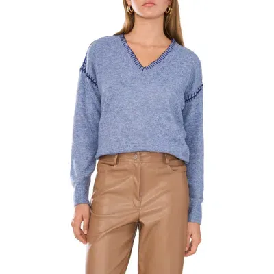 Vince Camuto Whipstitch V-neck Sweater In Denim Heather