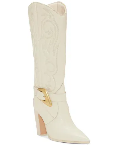 Vince Camuto Women's Biancaa Wide-calf Buckled Cowboy Dress Boots In Creamy White Leather