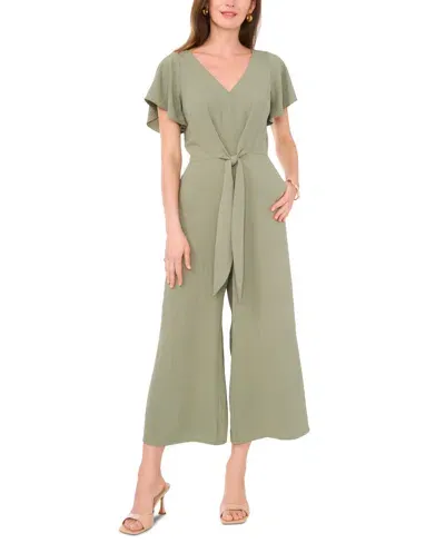 Vince Camuto Women's V-neck Flutter-sleeve Crop Wide-leg Jumpsuit In Olive Mist