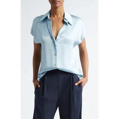 Vince Cap Sleeve Gathered Back Silk Blouse In Pacific Mist