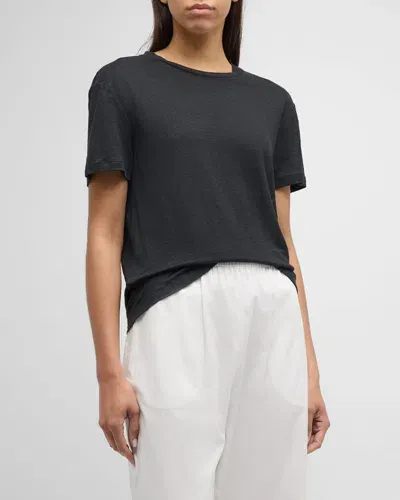 Vince Drop-shoulder Linen Crewneck Short-sleeve T-shirt In Black