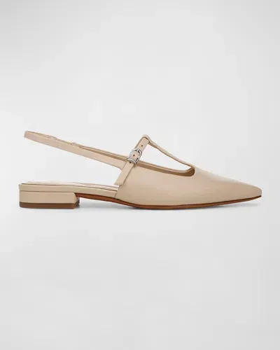 Vince Iliana Leather T-strap Ballerina Flats In Birch Sand Beige Leather