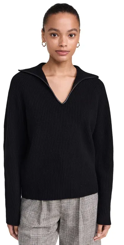 Vince Leather Trim Ribbed Polo Sweater Black