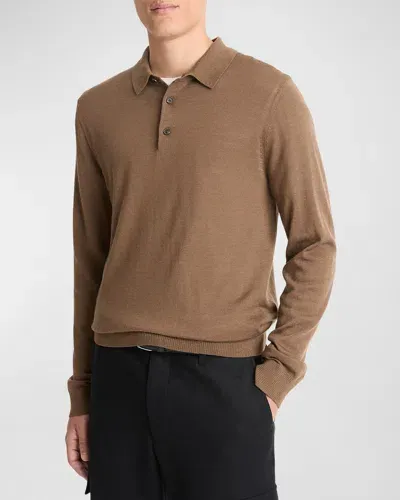 Vince Men's Merino Long-sleeve Polo Shirt In Light Vicuna