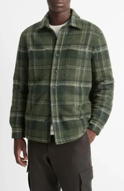 Vince Plaid Fleece Lined Shirt Jacket In Night Moss