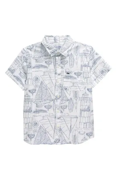 Vineyard Vines Kids' Blueprint Short Sleeve Cotton Madras Button-up Shirt In Marina White Cap