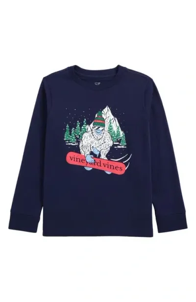 Vineyard Vines Kids' Snowboarding Yeti Long Sleeve Cotton Graphic T-shirt In Nautical Navy