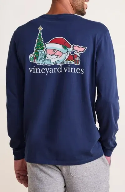 Vineyard Vines Santa's List Whale Long Sleeve Pocket Graphic T-shirt In Nautical Navy