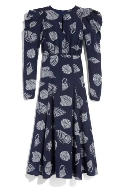 Vineyard Vines Shell Print Long Sleeve Silk Crêpe De Chine Dress In Tossed Shell - Navy