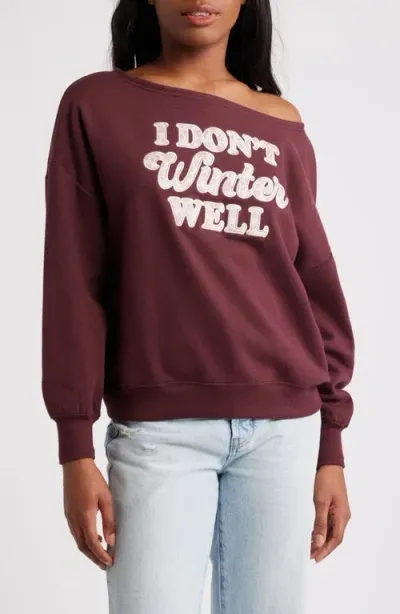 Vinyl Icons Winter Appliqué Off The Shoulder Graphic Fleece Sweatshirt In Maroon