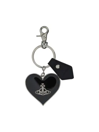 Vivienne Westwood Mirror Heart Keychain In Black Pu Grain