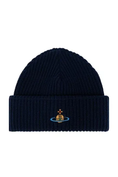 Vivienne Westwood Orb Embroidered Knitted Beanie In Blue