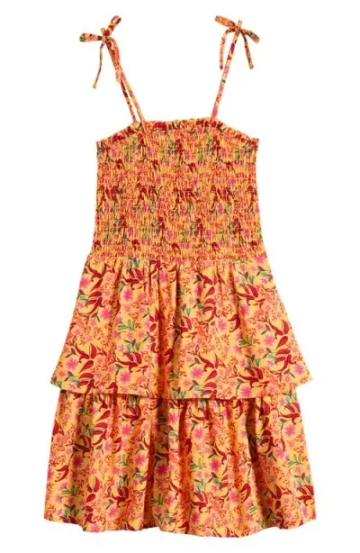 Walking On Sunshine Kids' Floral Smocked Tiered Sundress In Orange Print