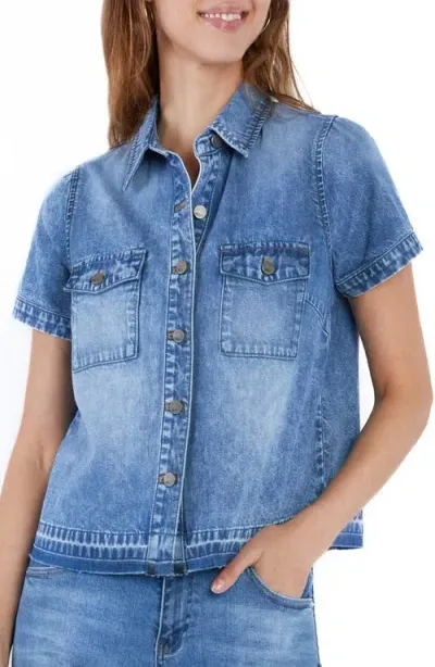 Wash Lab Denim Sara Short Sleeve Denim Shirt In Post Blue