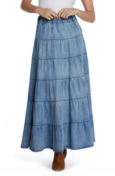 Wash Lab Denim Tiered Denim Maxi Skirt In Storm Blue