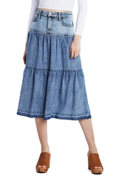 Wash Lab Denim Tiered Denim Midi Skirt In Flare Blue