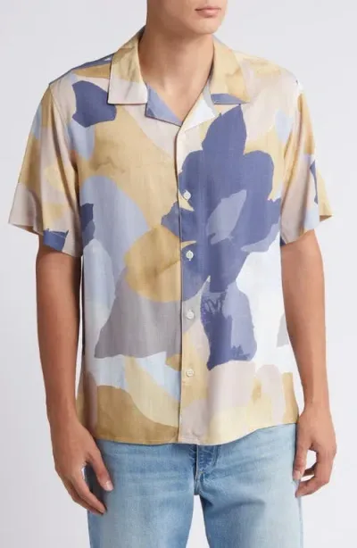 Wax London Abstract Floral Camp Shirt In Grey/yellow Multi