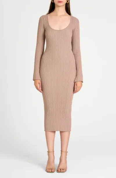 Wayf Alexi Long Sleeve Rib Dress In Beige