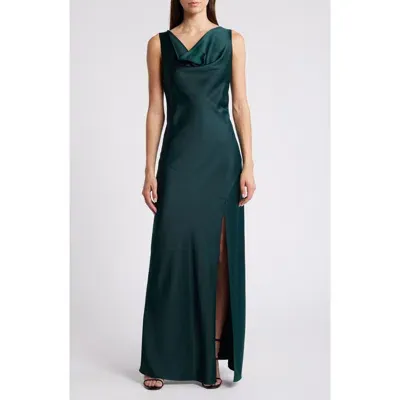 Wayf Lea Cowl Neck Satin Gown In Emerald