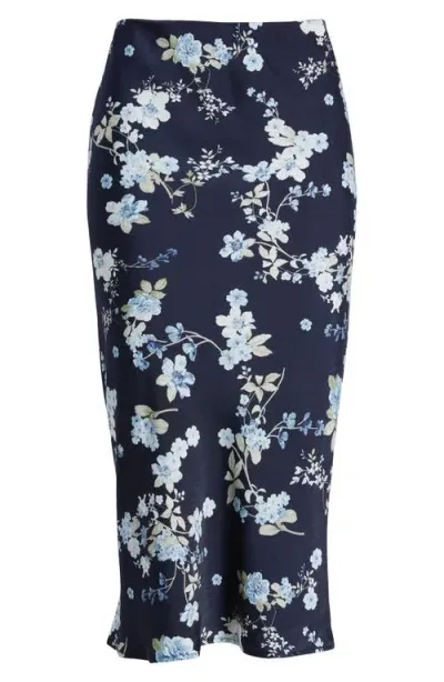 Wayf Porter Printed Satin Midi Skirt In Navy Floral