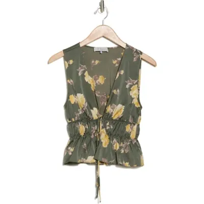 Wayf Ruffle Tie Front Top In Sage Roses