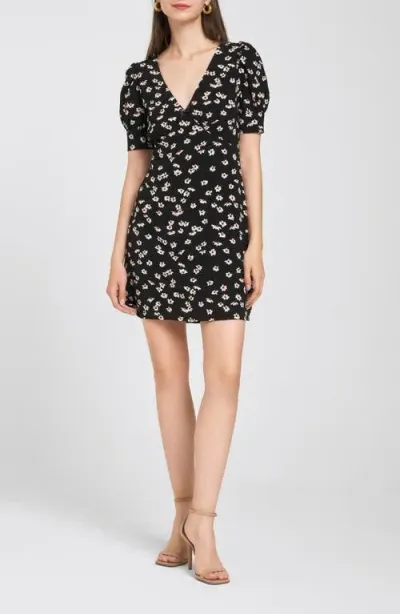 Wayf Sunrise Puff Sleeve Minidress In Black Daisies