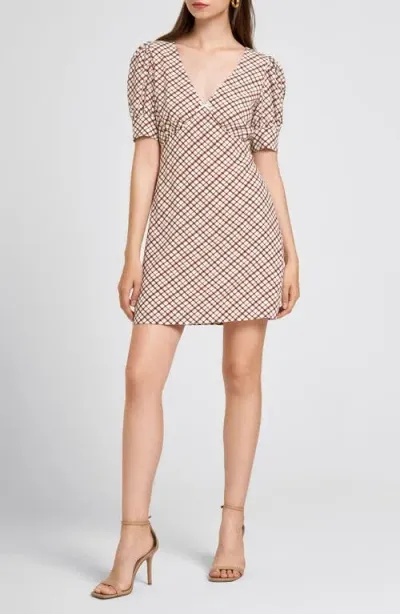 Wayf Sunrise Puff Sleeve Minidress In Brown Checker