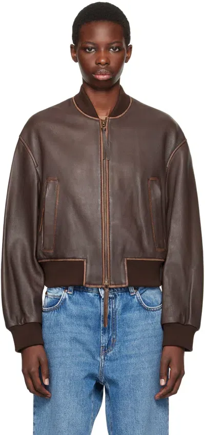 Weekend Max Mara Brown Nappa Leather Bomber Jacket In 001 Dark Brown