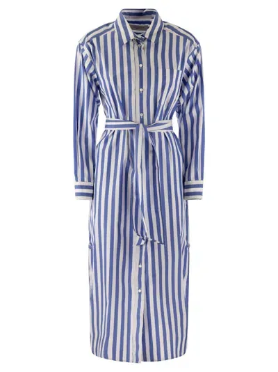 Weekend Max Mara Striped Belted Poplin Dress In Light Blue