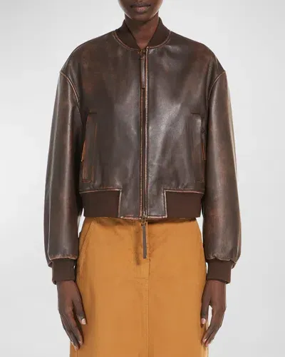 Weekend Max Mara Hiltex Leather Zip Bomber Jacket In Brown