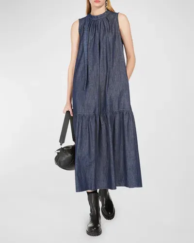 Weekend Max Mara Turchia Pleated Cotton Chambray Midi Dress In Navy