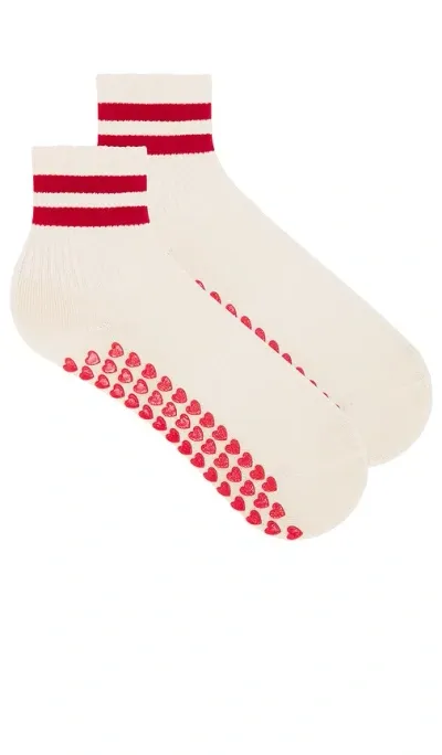 Wellbeing + Beingwell Striped Half Crew Grip Sock In Red