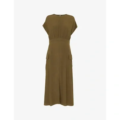 Whistles Patch-pocket Round-neck Woven Midi Dress In Khaki