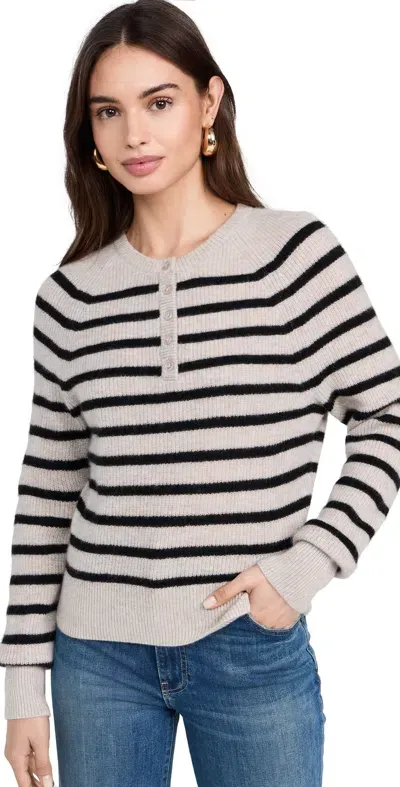 White + Warren Cashmere Ribbed Striped Henley Sweater In Sandwisp/black