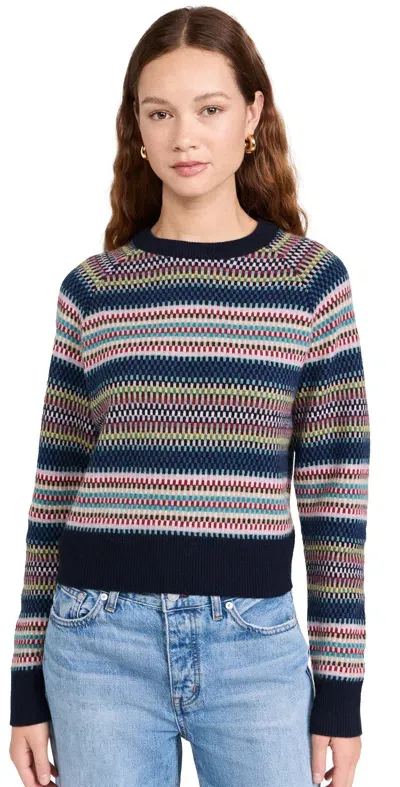 White + Warren Cashmere Striped Multi Check Sweatshirt Navy Combo