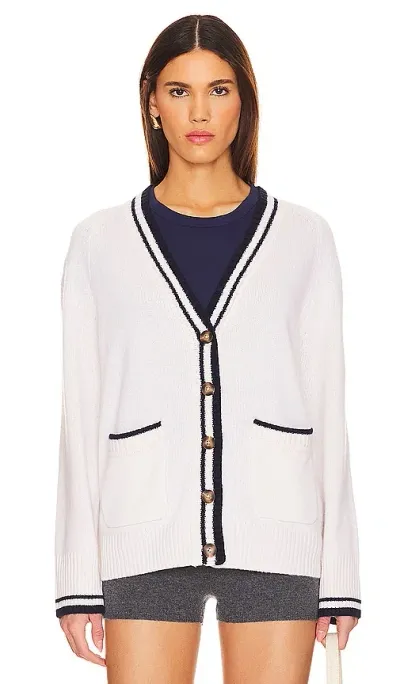 White + Warren Cashmere Varsity Cardigan In Soft White & Navy