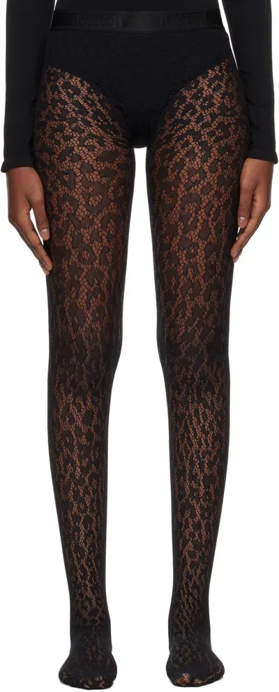 Wolford Black Leo Lace Tights In 7005 Black