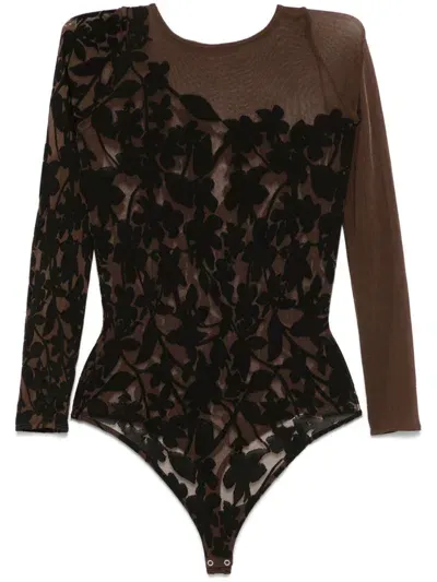 Wolford Earth Brown/black Stretch-design Semi-sheer Top