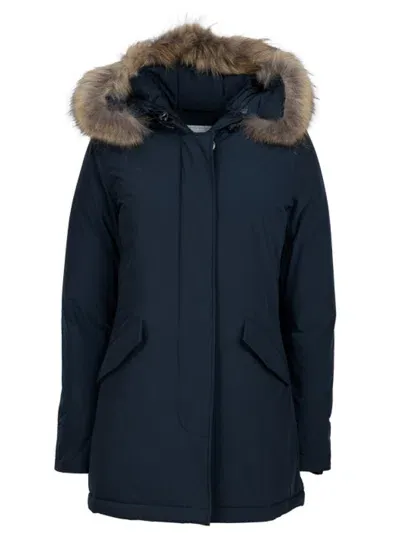 Woolrich Short Coat With Hoodie In Blue